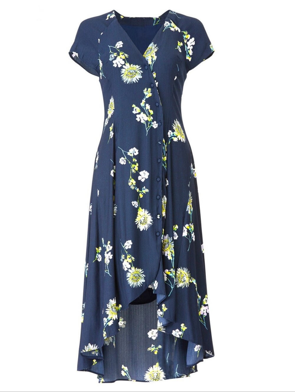 Free People Lost In You Midi Dress Button Up High Low Floral Navy Size SM